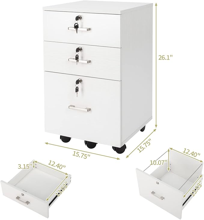 Rolling Wood File CabinetMobile File CabinetsLockable Wooden Filing CabinetUnder Desk Printer Stand Cabinetswith Wheels &amp Handlesfor Small Space Office Bedroom Living Room Study (White)