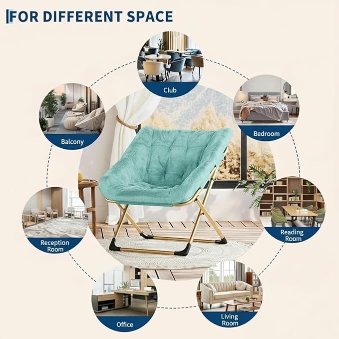 Collapsible Soft Faux Rabbit Fur Saucer Lounge Chair Comfy Lounge Lazy Chair Metal Frame Reading Chairs for Office Living Room Bedroom Small Spaces No Assembly Green