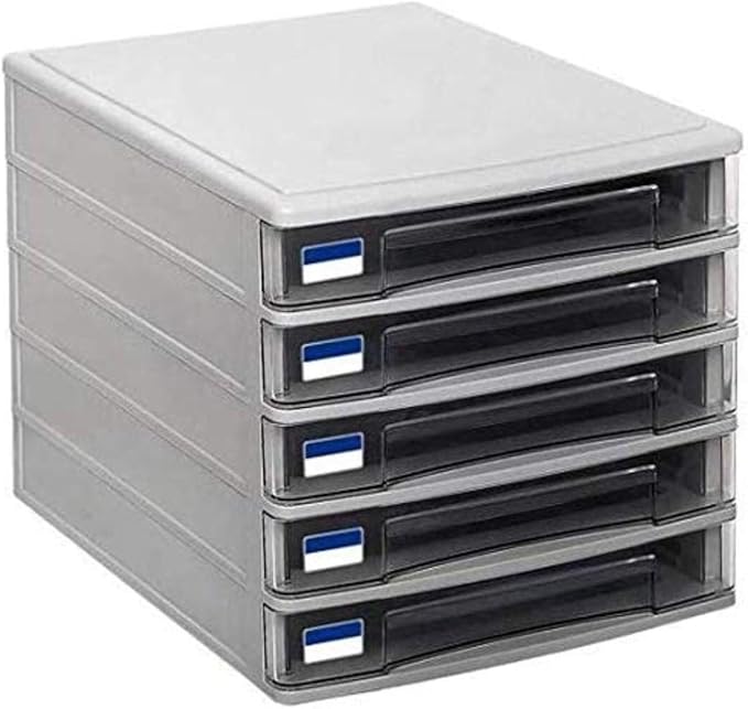 File Cabinet 5 Drawers Desktop Plastic Storage Box Home Office Cabinet Desktop File Storage Manager Bookshelf (Grey One Size)