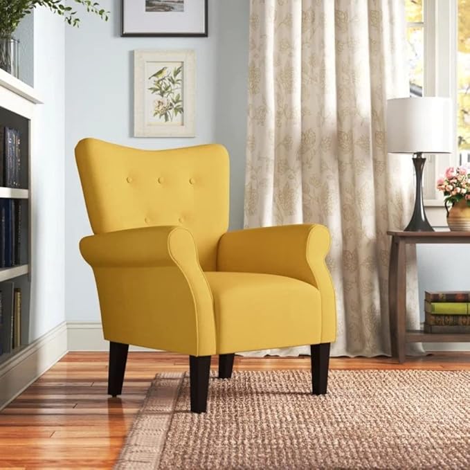 Modern Style Lounge Chair for Living Room | Stylish Wide Armchair Tufted High Backrest with Padded Arms &amp Deeply Thick Cushioned Seat | Durable Wood Manufactured | Aesthetic LookYellow Color