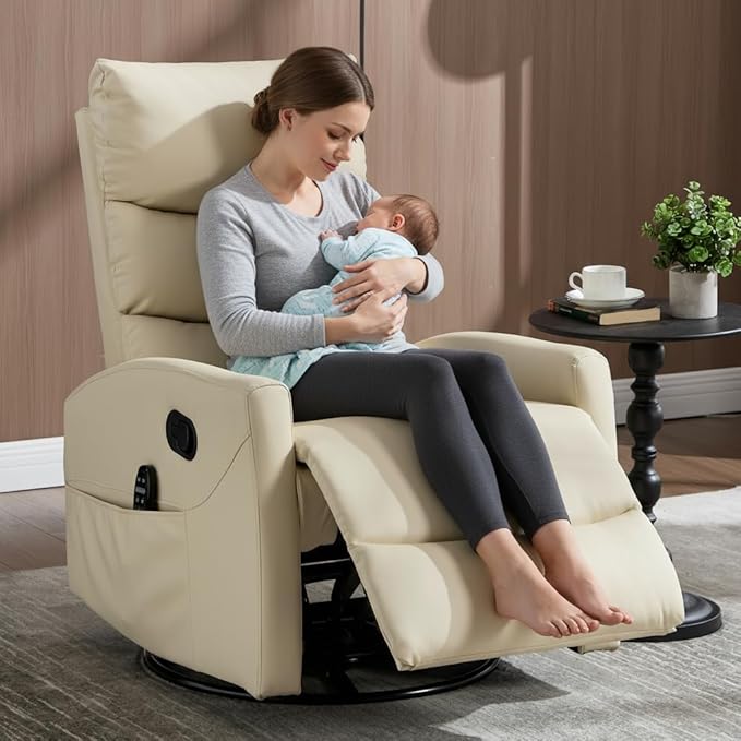 PELUMY 360° Swivel Rocker Recliner with Heat &amp Vibration Massage Glider Rocking Chair for Adults Compact Recliner for Living Room Small Spaces Nursery Bedroom (Breathable Leather Creamy Beig
