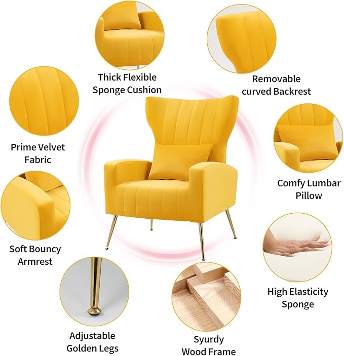 X-VOLSPORT Velvet Accent Chairs Set of 2 Mid Century Modern High Back Living Room Chair with Waist Pillow Upholstered Arm Chair with Metal Gold Legs for Bedroom Club Yellow