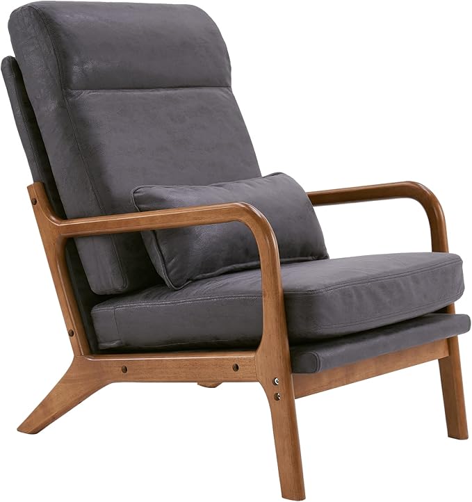Mid-Century Modern Accent Chair with CushionHigh Back Solid Wood Armrest Chairs Backrest Linen Fabric Indoor Leisure Chair for Living RoomBedroomReadingBalcony (Dark Grey)