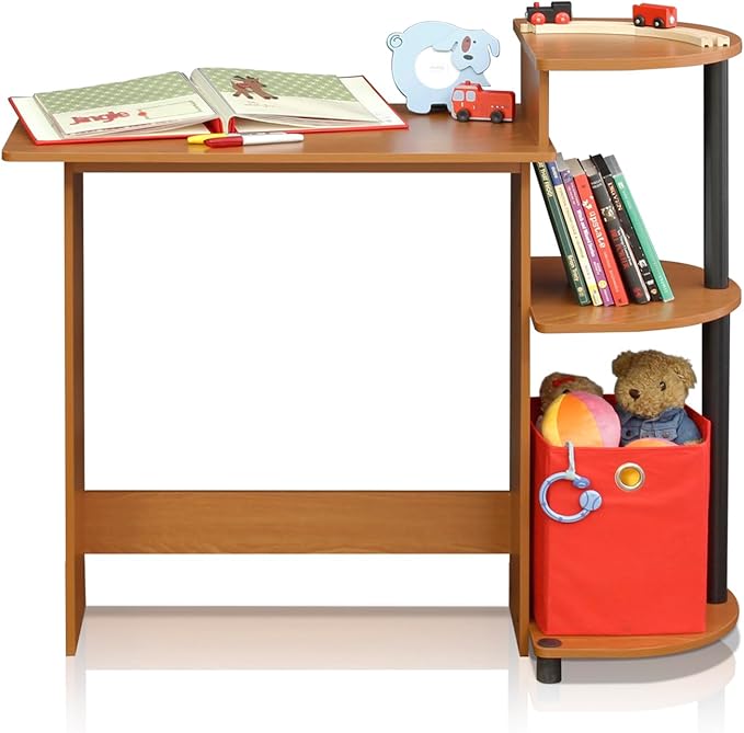 Furinno Compact Computer Desk with Shelves Round Side Light Cherry/Black