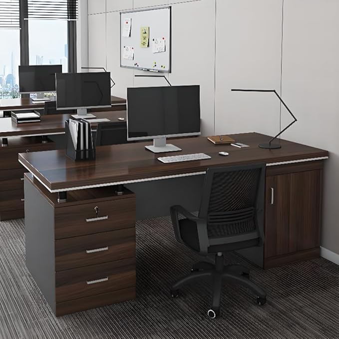 LITFAD Wood Office Computer Desk with Cabinet and Locking Drawer Cord Management Modern Executive Desk Simple Writing Desk for Home Office (Without Chairs) Brown 63 L x 24 W x 30 H