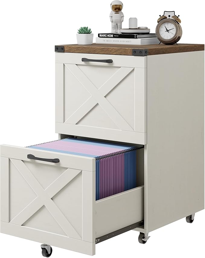 Vabches Farmhouse File Cabinet with 2 Drawers Vertical Filing Cabinet on Wheels for Letter/A4 Size Hanging Files Mobile File Cabinets Printer Stand for Home Office Rustic White