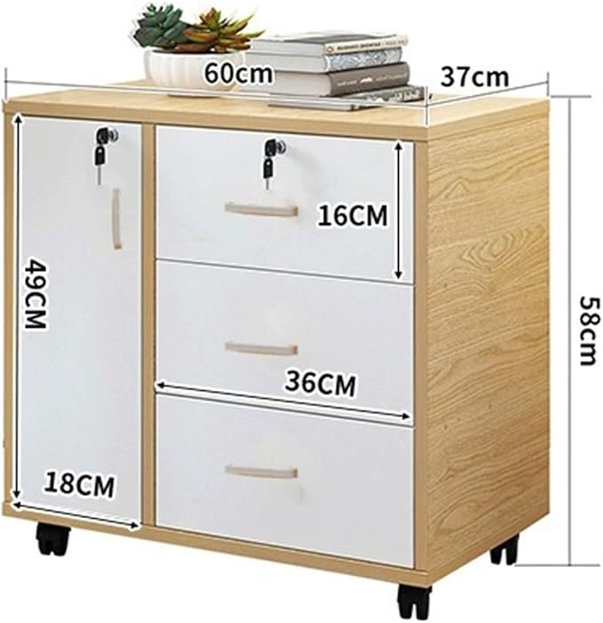 Mobile File Cabinet Under Desk File Cabinet with 3 Drawers 1 Door Lockable Office Filing Cabinet with Wheels Wood Storage Rolling Cabinet for Home Office 60 * 37 * 57CM