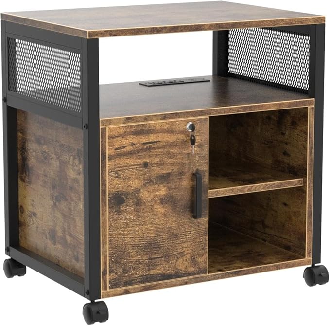 Unikito Rolling File Cabinet Lateral Filing Cabinet on Wheels Mobile Office Printer Stand with Door and Open Storage Shelf for A4 Letter Size and Hanging File Folders Lockable Rustic Brown