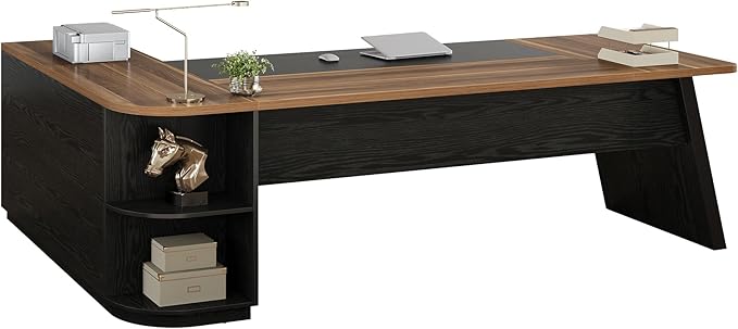 Tribesigns 79-Inch Executive Desk Large Office Desk with Cabinet L-Shaped Compter Desk with Storage Shelves Writing Table for Home Office Brown and Black