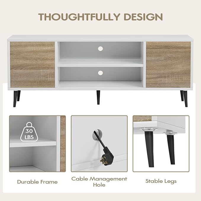 YESHOMY Modern TV Stand for 65 Television Entertainment Center with Two Storage Cabinets and Open Shelves Retro Style Media Console for Living Room Bedroom Office 58 Inch Light Beige