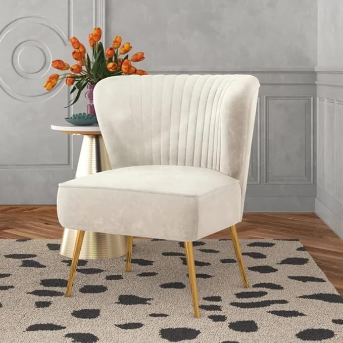 Eye-Catching Elegant Wide Tufted Velvet Lounge Chair Living Room | Pleated Details Soft Foam Filling Solid Wood &amp Gold Metal Legs | Size: 31''H x 26''W x 29.5''D Glam Luxe Look Pretty Ivory Color