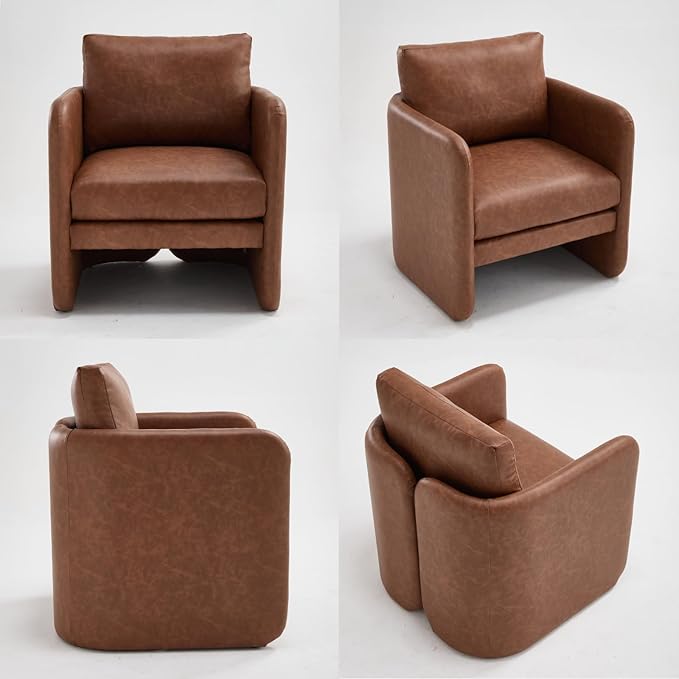 Modern Accent Barrel Chair Single Sofa Chair with Removable Back Pillow Comfy Pu Leather Upholstered Reading Accent Chair Lounge Armchair for Bedroom Living Room Brown