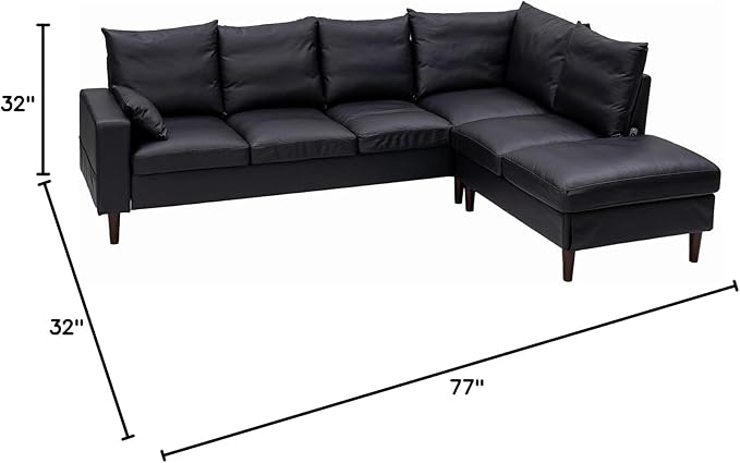 Panana 5 and 6 Seater Convertible Sectional Sofa CouchL-Shape with Universal Corner and Bulit-in USB Charging Port Chaise (Black Leather Look Fabric 6 Seater Corner with Built-in USB Port Chaise)