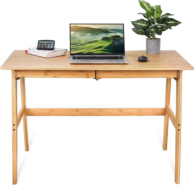 Dicunoy Computer Desk with 2 Drawers 46 Solid Bamboo Home Office Writing Desk for Small Space Compact Simple Tables with Gap Design and Hook for PC Laptop Students Study Makeup Bedroom