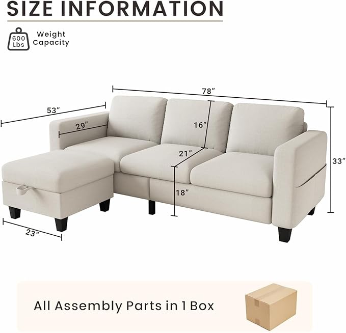 Sectional Couches for Living Room 78 L Shaped Sofa 3 Seat Modern Couch with Storage Ottoman Convertible Couches for Small Space Living Room Bedroom Apartment and Office