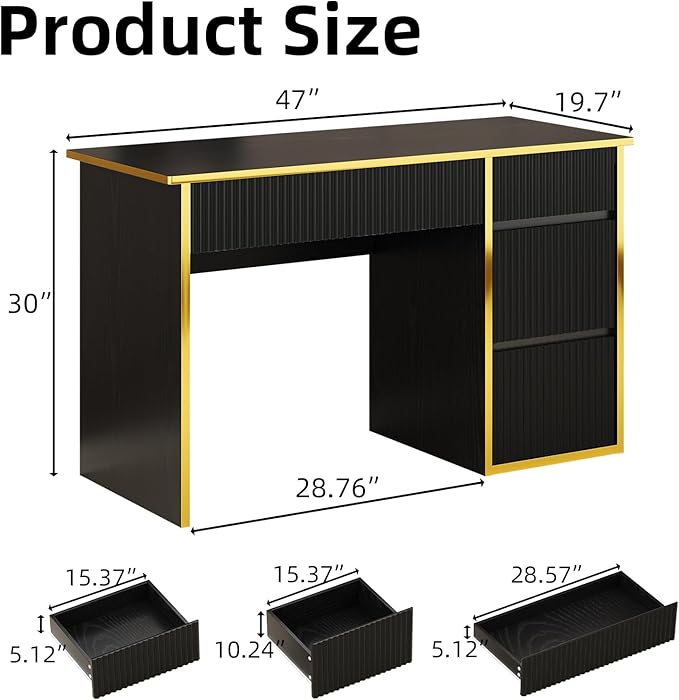 4 EVER WINNER 47 Inch Computer Desk with 4 Drawers Black &amp Gold Modern Home Office Desk Writing Study Gaming Desk for Bedroom Small Space Sturdy Wood Desk with Hidden Handle