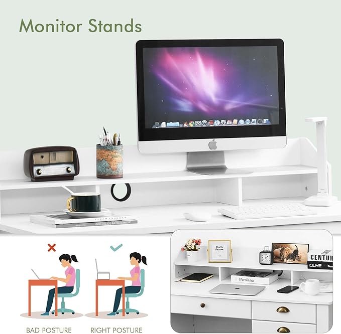 Catrimown Computer Desk with Drawers and Hutch 47 Inch Home Office Desk with File Drawers Student Girls Desks Teens Writing Table with Hutch Small Desk with Drawer for Bedroom White