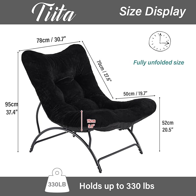 Tiita Accent Lazy Chair Comfy Lounge Chair with Metal Frame and Plush Fabric Spacious Seat Cozy Recliner Chair for Reading Room Living Room Bedroom Office Black