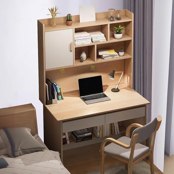 LITFAD Modern Computer Desk Work from Home Desk with Hutch Bookcase and Integrated Cable Management Rectangular Wood Office Desk 2 Drawers 31.5 L x 17.7 W x 59.8 H Natural