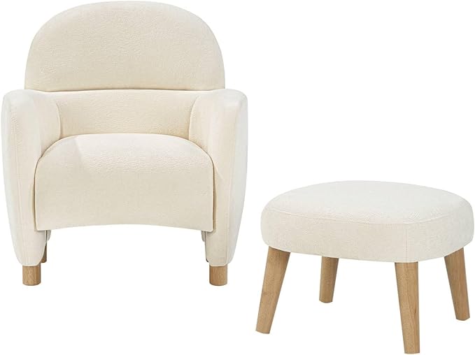 Modern Barrel Chair with Ottoman Upholstered Armchair with Wooden Legs Backrest Single Sofa Soft Cushion Seating Comfy Lounge Chair for Living RoomBedroomReading Corner (White)