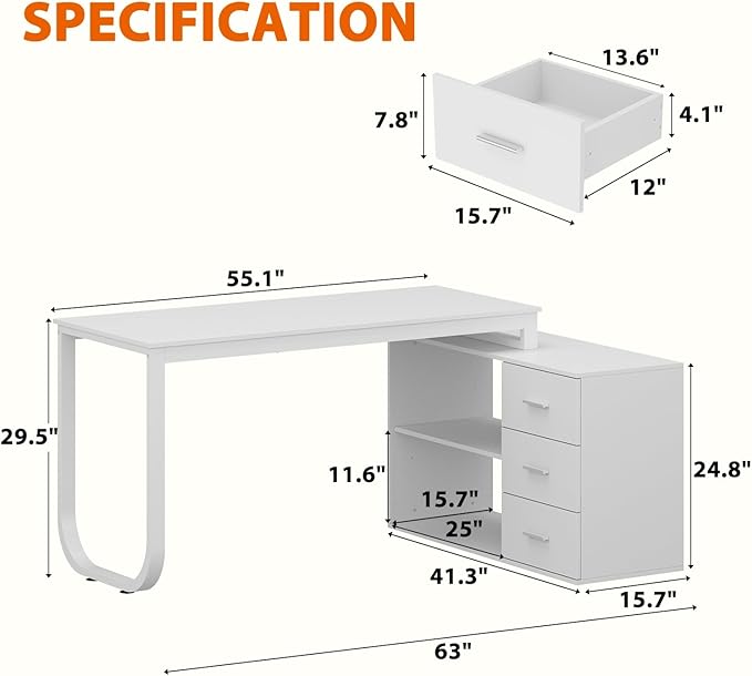 White Large L Shaped Office Computer Desk with Drawers Reversible Long Corner Gaming Work Study Desk Table with Adjustable Shelves &amp Storage Drawers for Home Office Bedroom