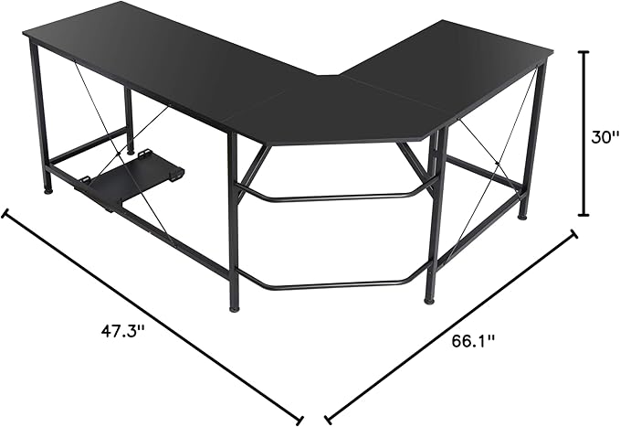 HomGarden L-Shaped Computer Desk Modern Corner Table PC Laptop Study Workstation Home Office Desk Wood Desktop Metal Frame(Black)