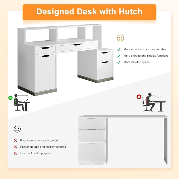 Computer Desk with 4 Drawer &amp Storage Shelves 58 White Office Desk with File Drawer &amp Cabinet Small Study Desk with Monitor Stand &amp Printer Shelf for Bedroom Small Spaces White