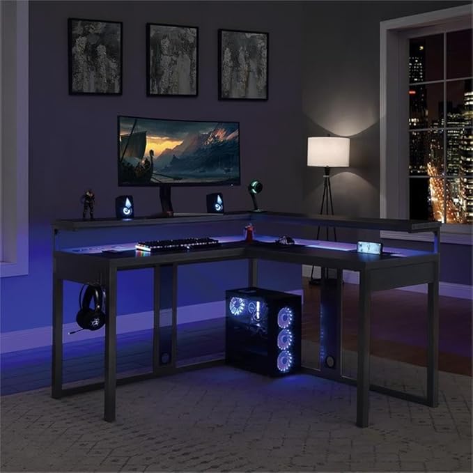 Pemberly Row L-Shape Gaming Desk 54x54x36 in Black Steel Metal Chevron PVC Finish RGB LED Lights Dual Monitor Shelves USB Charging Hub Headphone Hook Home Office or Gaming Desk