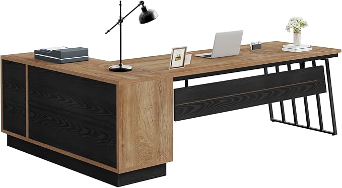 Tribesigns 71-Inch Executive Desk L-Shaped Desk with Cabinet Large Office Desk with Drawers and Storage Shelves Writing Table Computer Desk for Home Office Oak and Black