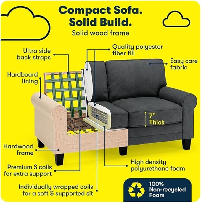 BOWERY HILL 61 Rolled Arm Loveseat Sofa Charcoal Upholstered Pill-Resistant Polyester Compact Space-Saving Design with Removable Covers Solid Wood Frame Modern Living Room Seating