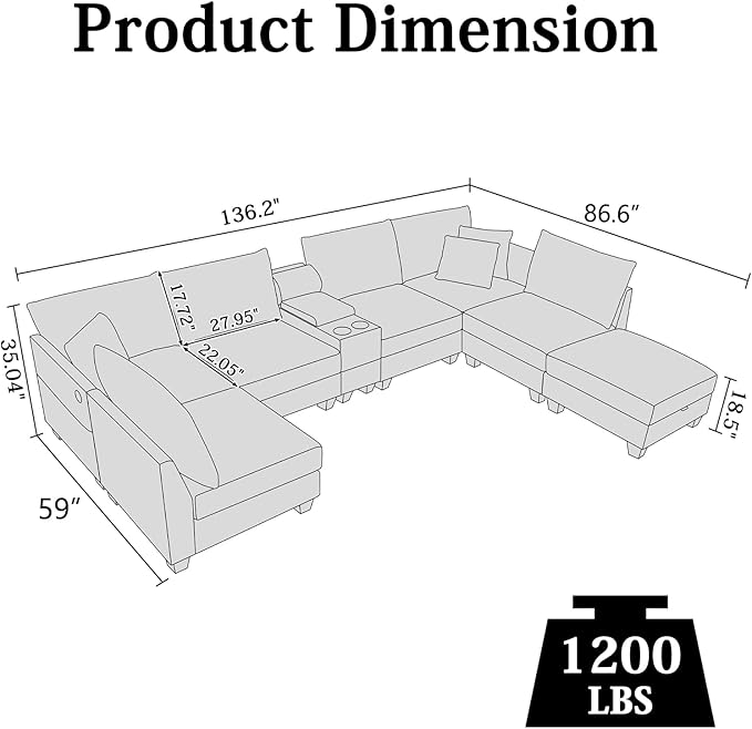 136.4 Modular Sectional Sofa U-Shaped 7 Seater Sectional Sofa with Storage Ottoman Linen L-Shaped Couch Large Cloud Couch with Cup Holders &amp USB for Living Room（Camel