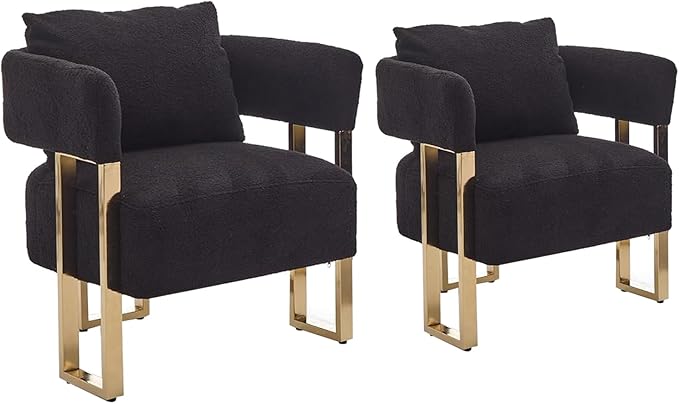 Yisheng Modern Barrel Accent Chairs Set of 2 Living Room Side Chairs with Golden Metal Legs Soft Upholstered Reading Armchairs no Wheels for vanity/Reception Room//Bedroom/Lounge/Office（Black Teddy）