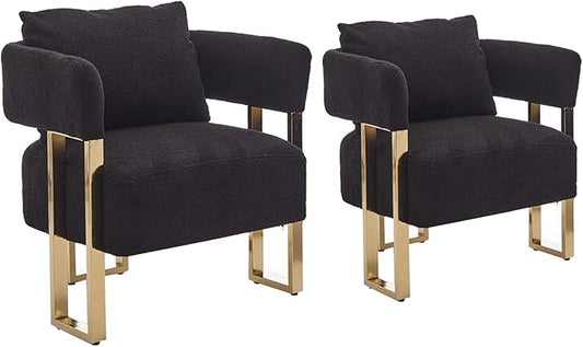 Yisheng Modern Barrel Accent Chairs Set of 2 Living Room Side Chairs with Golden Metal Legs Soft Upholstered Reading Armchairs no Wheels for vanity/Reception Room//Bedroom/Lounge/Office（Black Teddy）