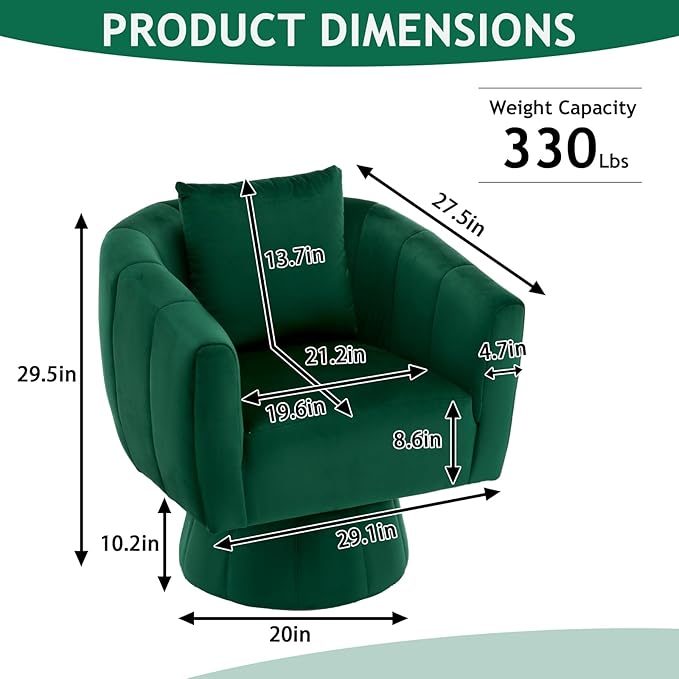Karl home 360° Swivel Accent Chair Modern Velvet Fabric Living Room Armchair with Fluffy Cushions Comfy Wide Upholstered Barrel Accent Chairs for Living Room Bedroom Lounge Office (Green)