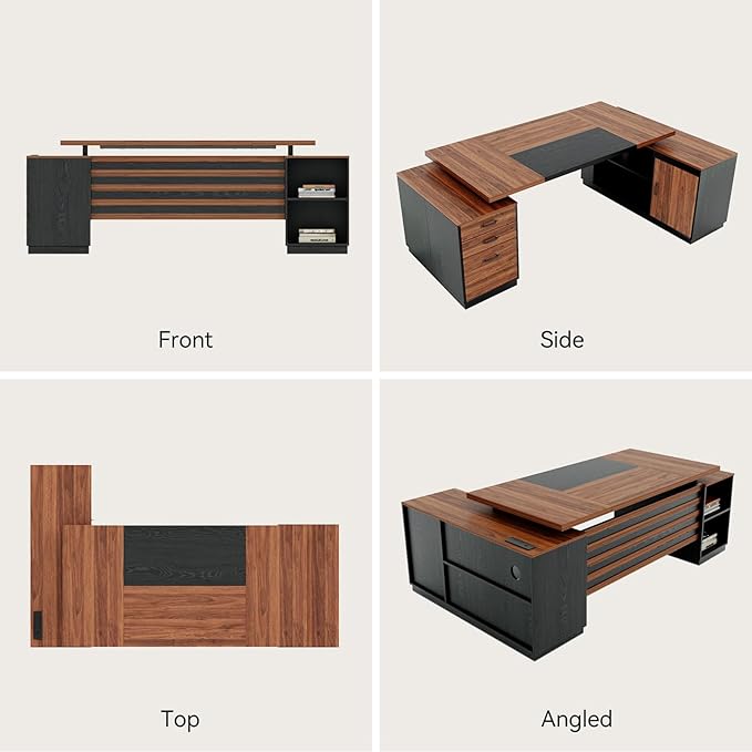 Executive L-Shaped Desk with Storage Cabinet 78-Inch Large Home Office Desks with Power Outlet and Lateral File Cabinet Modern Computer Desk with Drawers and Open Shelf Brown Black