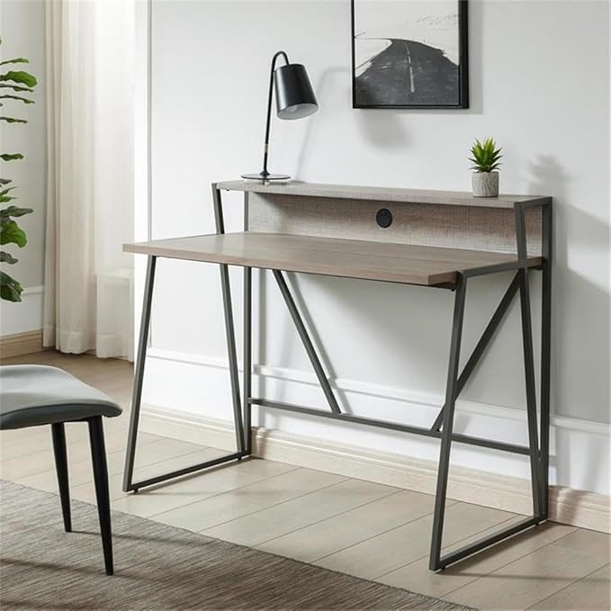Pemberly Row Writing Desk 44 L x 23.75 W x 36.25 H HPL Worksurface Roughsawn Oak and Gunmetal Finish MDF Shelf with Cable Management Contemporary Style Home Office Desk with Upper Storage