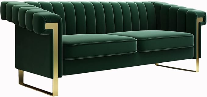 Mid-Century Modern Green Velvet Sofa with Gold Metal Legs 83.86 Luxury Chesterfield Comfy Couches for Living Room (Velvet Green)