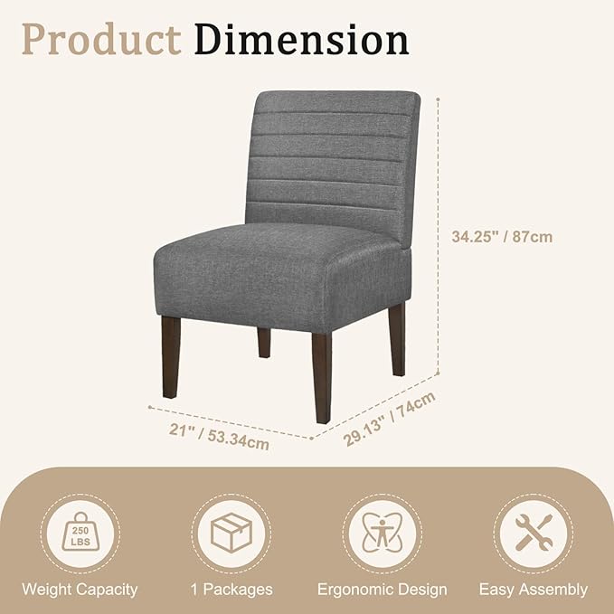 Armless Accent Chair Mid Century Modern Upholstered Living Room Chairs Accent Dining Chair Sofa with Solid Wood Legs Lounge Reading Chair for Bedroom Office (Gray)