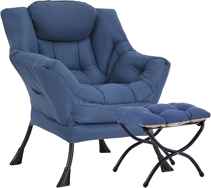 Lazy Chair with Ottoman Large Royal Blue Accent Chair with Ottoman Comfy Reading Armchair Leisure Sofa Chair for Living Room Bedroom Dorm Room Office