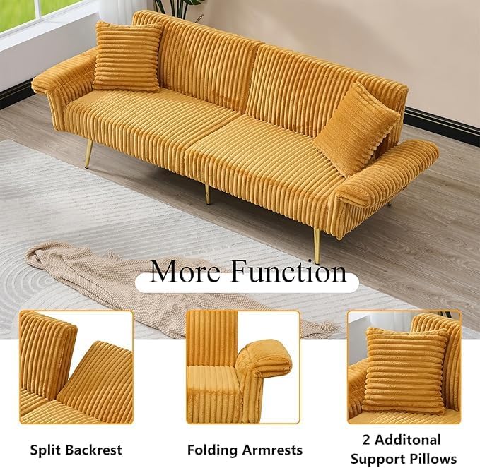 Yellow 79 Convertible Futon Sofa Bed with Adjustable Backrest &amp Armrests Modern Corduroy Folding Loveseat Sleeper Couches with Two Soft Pillows for Living Room Apartment Office (Yellow)