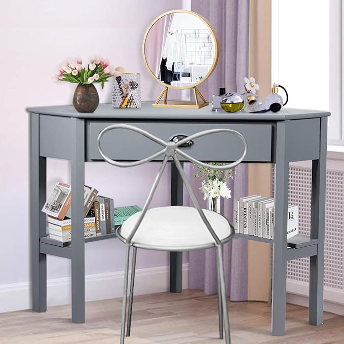 RELAX4LIFE Corner Computer Desk Triangle with Drawer and Shelves Stable Laptop PC Table Home Office Writing Desk Study Workstation Desk (Gray)