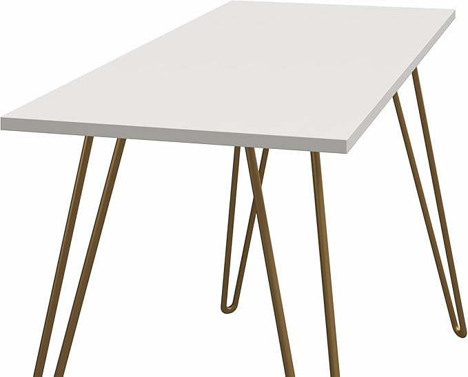 Writing Desk White and Gold - Minimalist Industrial Hairpin Leg Desk Sturdy Engineered Wood Desktop Compact Home Office Study Table Laptop Workstation