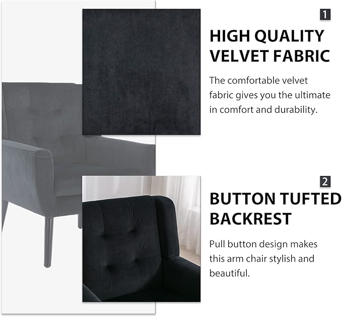 Dolonm Midcentury Modern Velvet Accent Chair with Arms Upholstered Reading Side Chair Tufted Back Decorative Wingback Chair for Living Room Bedroom (Black)