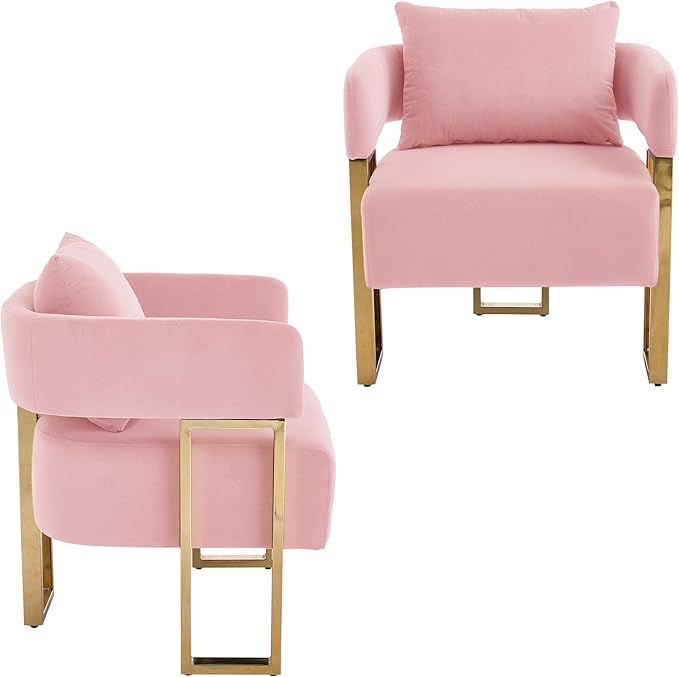 YITAI Modern Accent Chairs no Wheels Living Room Side Chairs Set of 2 with Golden Metal Legs Barrel Soft Velvet Upholstered Reading Armchairs for OfficeReception RoomBedroomLoungePink