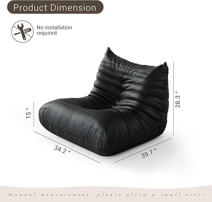 Lazy Floor SofaSingle Seat Fireside ChairBig Bean Bag Chair with Memory Foam Filled for Living RoomBlack