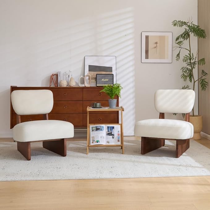 [Set of 2] Modern Beige Lounge Chair with Polyester Upholstery Sturdy Black Wood Base Stylish and Comfortable Accent Seating for Living Room (Walnut + White + Polyester + Solid Wood)