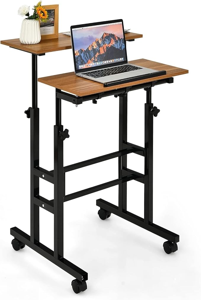 Standing Desk Height Adjustable Sit-Stand Desk with Tiltable Desk Top Rolling Laptop Stand &amp Workstation Mobile Stand up Computer Desk on Wheels for Small Spaces Home &amp Office (Coffee)