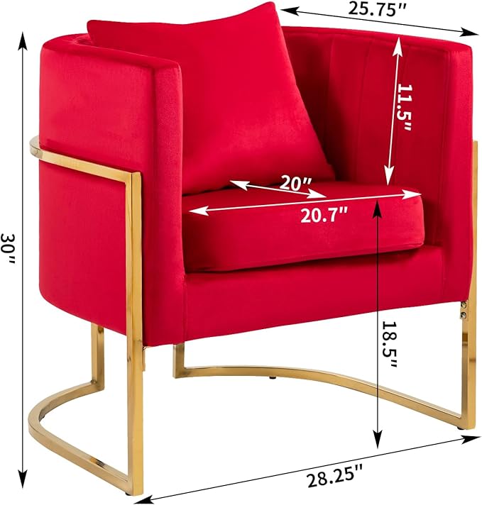 Velvet Modern Accent Chair Upholstered Barrel Armchair Mid Century with Pillow for Living Room Comfy Single Vanity Chair with Metal Gold Legs for Bedroom Rose Red