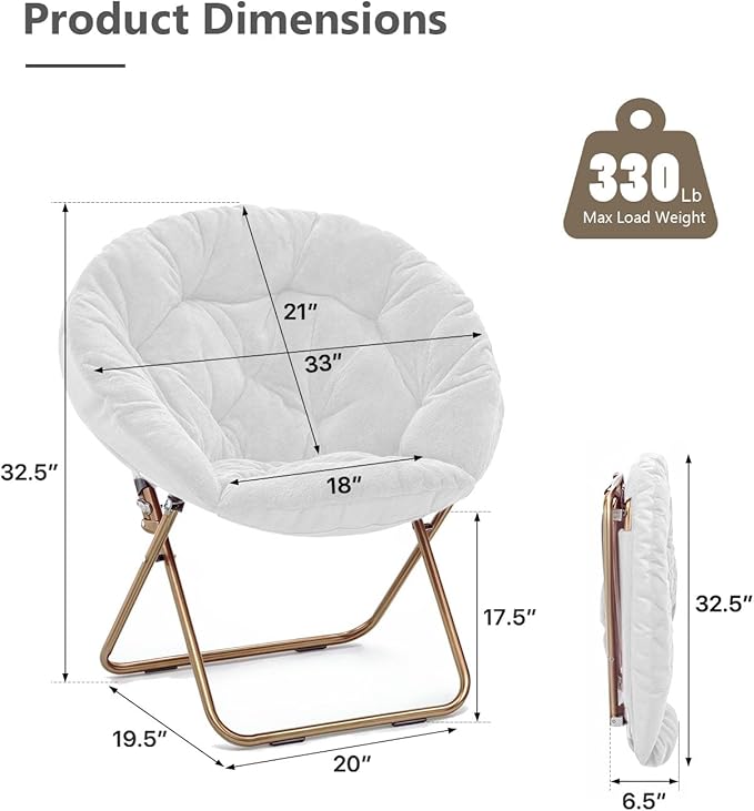 Cozy Saucer Chair Living Room Chair Faux Fur Soft Thick Padded Seat Metal Frame Folding Chair Comfortable Moon Chair for Living Room Bedroom Reading Nook Modern Style 2 Pack White