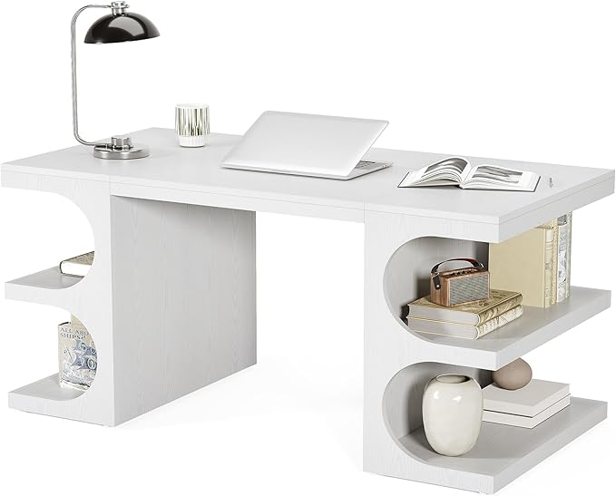 LITTLE TREE 62.2-Inch Executive Desk Modern Home Office Desks Office Table with Storage Shelves for Workspace Large Computer Desk Long Contemporary Writing Desk White
